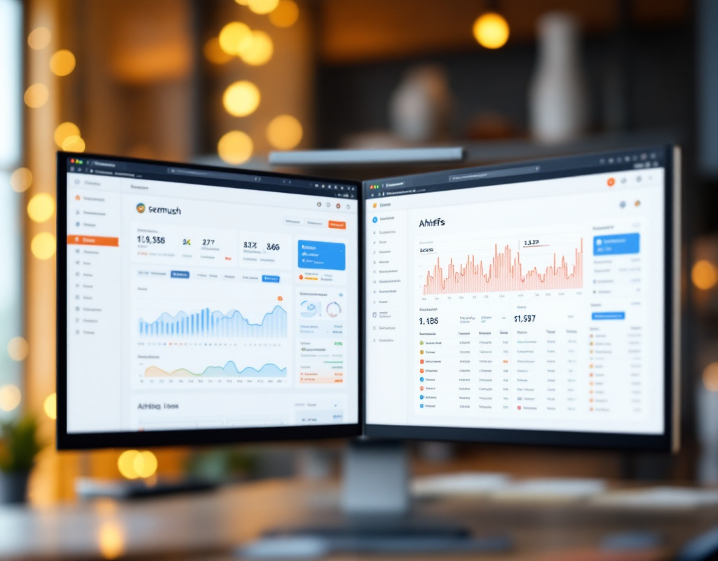 Tableau de bord Semrush et Ahrefs affichant des donn&eacute;es SEO